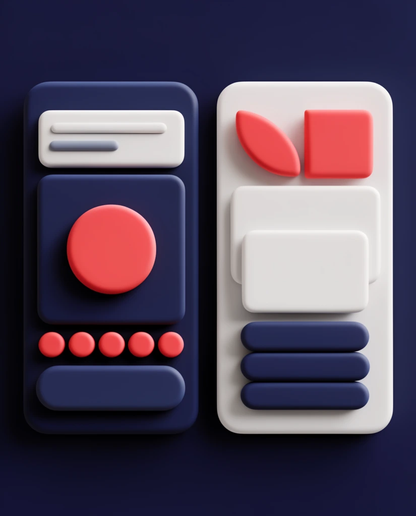 Two stylized 3D mobile interface wireframes float side-by-side against a deep navy background. The mockups feature thick, rounded geometric blocks with a smooth, matte clay-like texture. The left dark blue interface contains a white header, a large navy square accented by a coral red circle, a row of red dots, and a navy pill. The right white interface displays top red geometric shapes, overlapping white rectangular cards, and a stack of navy pill shapes. Soft top lighting casts smooth drop shadows beneath the chunky, minimalist UI components, emphasizing a clean modern aesthetic.