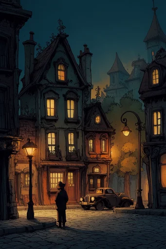 Cozy Twilight Fantasy style reference image — warm glowing windows