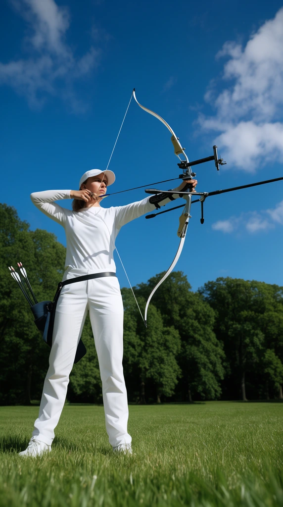 Low-angle shot of a female archer fully drawing a modern recurve bow with long stabilizers against a vibrant blue sky and scattered white clouds. Dressed entirely in white with a dark hip quiver, she stands in a bright grassy field bordered by a dense line of tall green trees under strong crisp natural daylight.