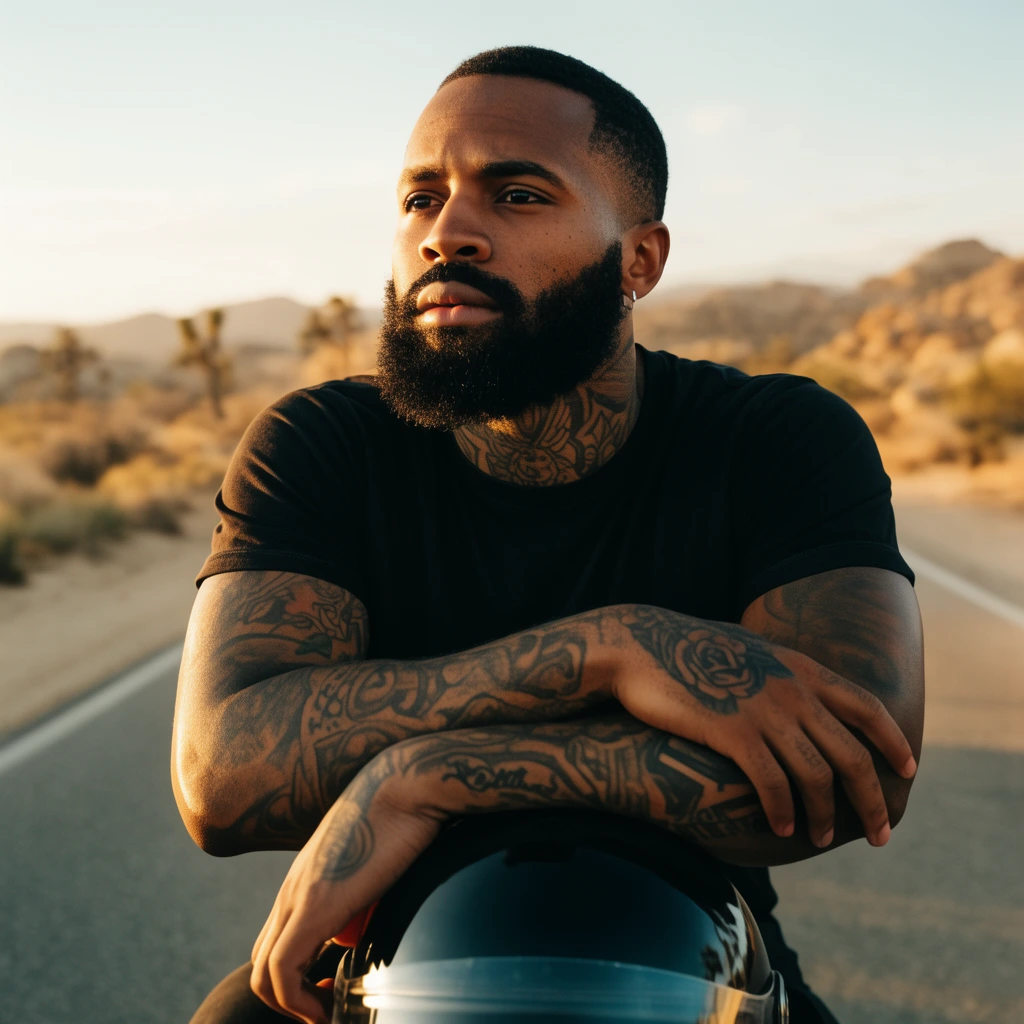 portrait of a Black man with a full beard, extensive neck and arm tattoos, wearing a black t-shirt, resting forearms on a glossy black motorcycle helmet, gazing thoughtfully off-camera, paved desert road stretching into the background, arid landscape, warm golden hour lighting, cinematic portrait photography, shallow depth of field