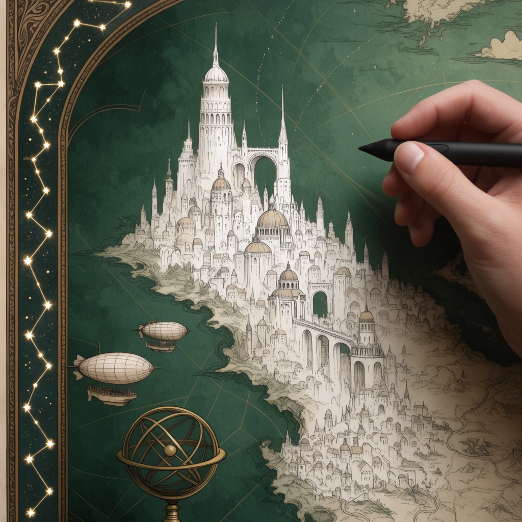 A hand holds a black stylus over a detailed fantasy map illustration. The drawing features a towering white city of spires, domes, and arched bridges cascading down a landmass. Two small airships float nearby over a brass armillary sphere. The background is a textured dark green expanse crossed by delicate celestial lines. An Art Nouveau border on the left contains glowing star constellations. The image emphasizes fine line art and antique cartography aesthetics.