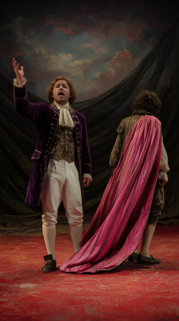 Two actors perform on a textured red stage backed by draped dark fabric and a painted sky. A man in a purple velvet coat and white breeches sings with a raised arm. Beside him, a figure turns away, dragging a long pink-striped cape under moody vintage stage lighting.