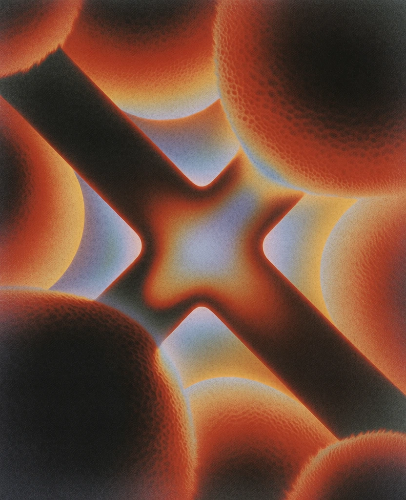 a bold central x interacting with soft organic bulbous geometric forms, heavy tactile stochastic noise, retro 1970s airbrush aesthetic, thermal color palette of radiant orange and deep umber with soft cyan shifts, intense glowing rim highlights, soft focus edges, diffused internal luminescence, editorial lithograph style, dense stippled grain texture, hazy atmospheric depth, warm light bloom, fuzzy silhouettes