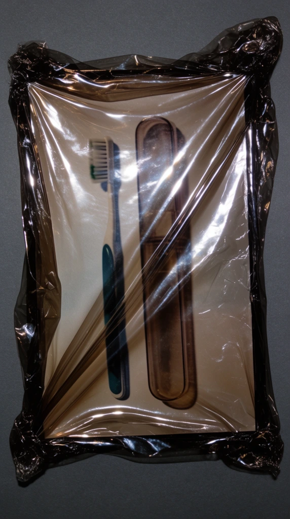 A printed photograph of a toothbrush and its case tightly veiled beneath a stretched, translucent layer of glossy, dark-tinted plastic film. The flat, two-dimensional depiction of the toothbrush and case is visually filtered through the crinkled, amber-hued cellophane overlay. Harsh, direct lighting strikes the highly reflective plastic barrier, generating intensely bright, blown-out white specular highlights across the sharp diagonal ridges and tension lines of the material. The stretched plastic gathers and twists toward the outer boundaries of the rectangular print, concentrating into dense, smoky black folds at the corners. This physically wrapped, distorted print rests against a stark, matte dark grey background, sharply contrasting the flat backdrop with the crinkled, three-dimensional, hyper-glossy texture of the tensioned plastic wrap covering the central subjects.