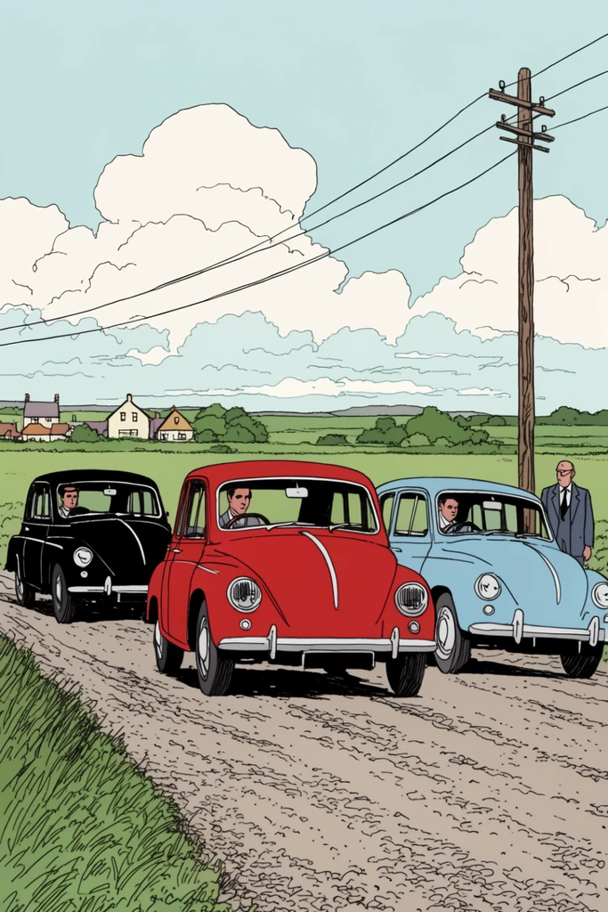 Three vintage rounded cars drive along a textured rural road in a clean-line comic illustration style with flat muted colors. A central red car is flanked by a black car and a light blue car. A suited man stands near a wooden utility pole with power lines. Background green fields and houses sit below a pale blue sky with large puffy clouds.