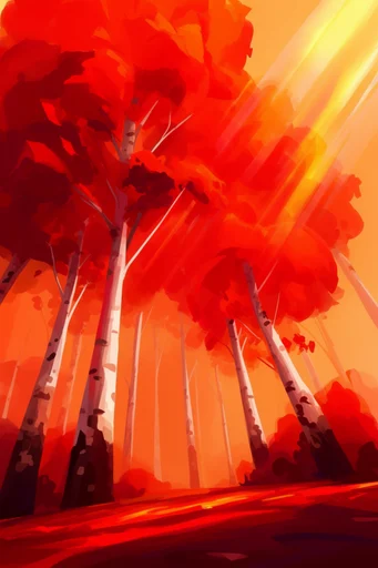 Luminous Crimson Canopy style reference image — birch forest canopy