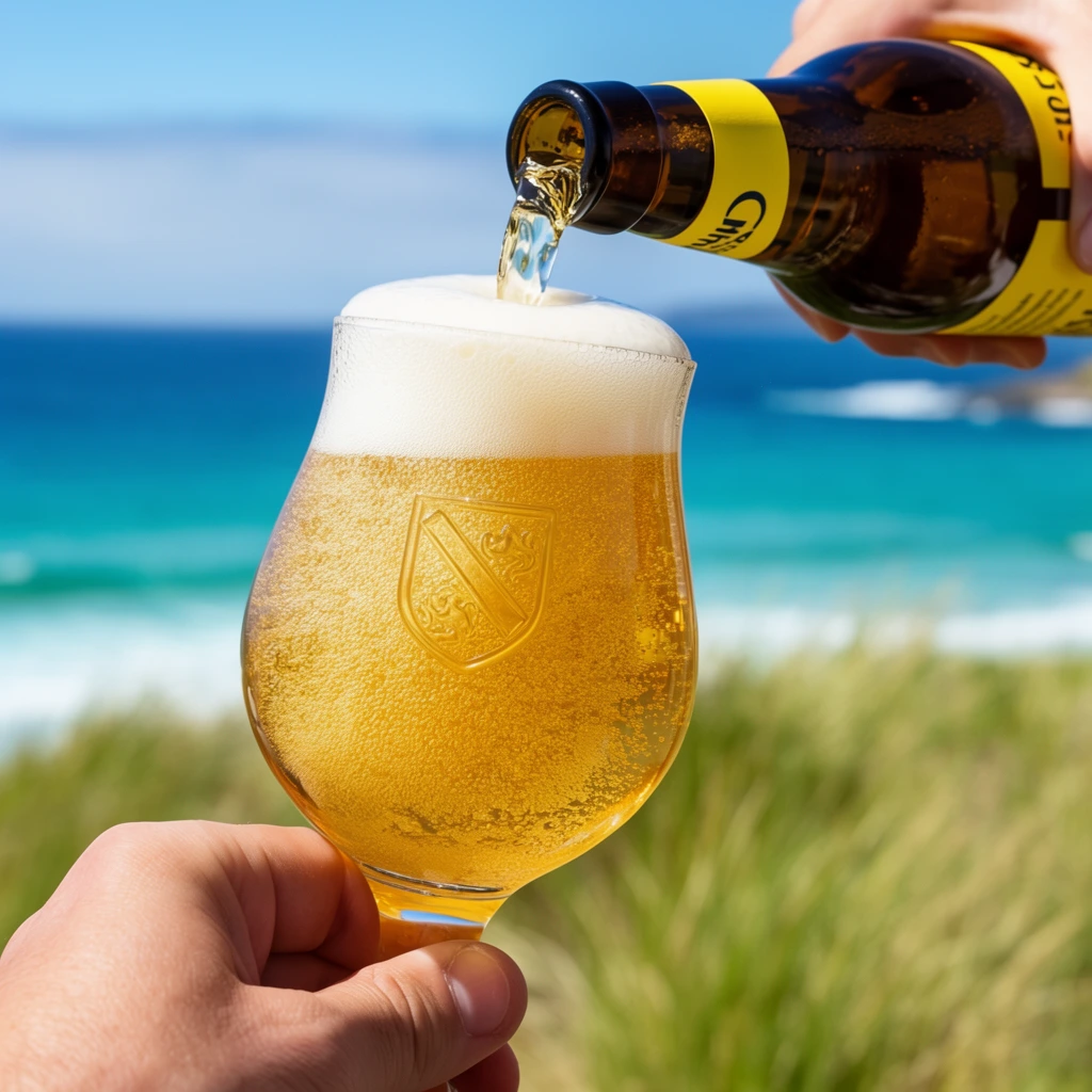 golden effervescent beer pouring from a brown glass bottle into a curved tulip glass, thick white foam crowning the rim, hand holding the glass base, hand tilting the bottle, bright yellow bottle labels, embossed shield emblem on the glass, macro product photography, shallow depth of field, blurred coastal background, turquoise water, green grassy dunes, blue sky, detailed liquid dynamics, vibrant sunny beverage commercial aesthetic