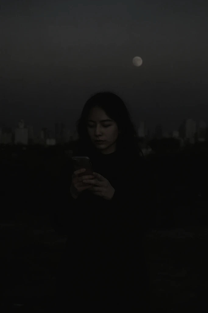 A woman holding a phone stands before a dark skyline under a faint moon, completely enveloped in extreme low-key, pitch-black shadows. The very dim, muted light from the phone screen selectively illuminates her face and hands with soft chiaroscuro, leaving her remaining figure entirely merged with the surrounding darkness. In the background, the distant skyline is rendered as very faint, muted silhouettes blending into a vast, deep black sky. A pale, deeply desaturated moon hangs in the upper background, casting a minimal, soft ambient glow. The image is heavily underexposed, dominated by expansive, velvety black negative space. The color palette is severely restricted and nearly monochromatic, consisting of dark charcoals, soft grays, and heavily desaturated, muted skin tones. The rendering mimics moody cinematic photography with a soft focal quality, deep crushed blacks, and a subtle, textured film grain.