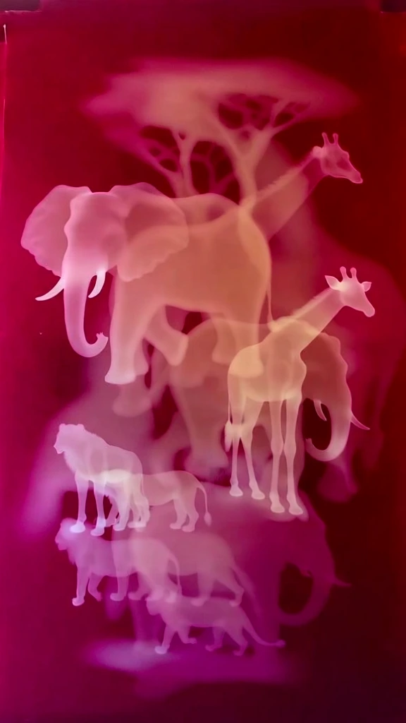 abstract photogram of african savanna animals including elephants, giraffes, and lions, arranged in a dense central cluster, ethereal translucent silhouettes, glowing cream highlights against deep magenta and crimson red, multiple layered exposures, soft blurred edges, fluid organic forms of trunks and long necks, dreamlike bioluminescent quality, monochromatic pink and red palette, shapes merging, high contrast experimental film aesthetic, x-ray style layering, ethereal animal cluster