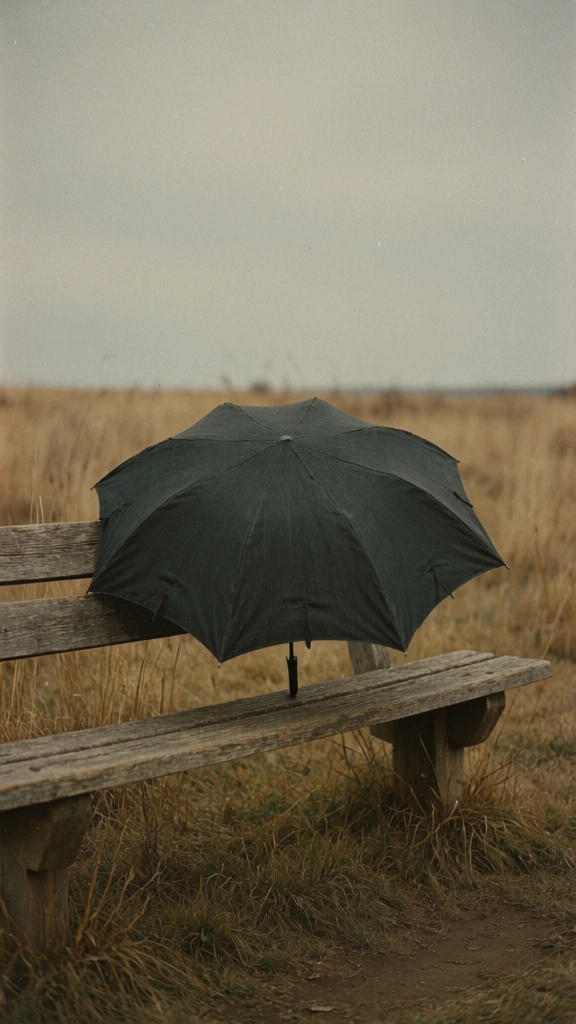 a single closed charcoal umbrella leaning against a weathered wooden park bench, centered in a desolate field of tall dry grass under a flat overcast sky, muted earthy palette of ochre and desaturated brown, diffused natural lighting, melancholic still life, cinematic film grain, shallow depth of field, tactile weathered wood textures, quiet surrealist atmosphere, 35mm vintage film aesthetic, desaturated tones, matte finish, soft focus horizon, low-contrast shadows
