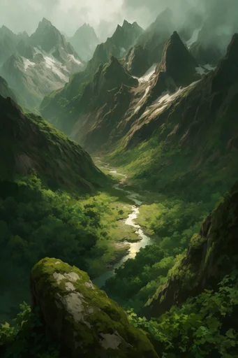 Verdant Relic Odyssey style reference image — high-angle aerial perspective