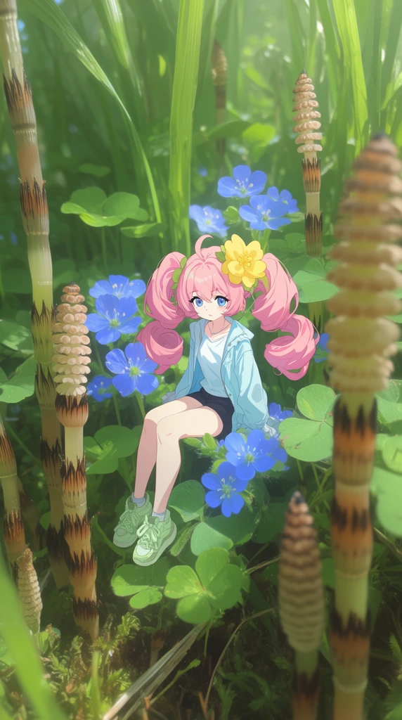 A miniature anime-style girl sits nestled among oversized forest foliage, bright blue wildflowers, and towering horsetail shoots. She features large blue eyes and pink hair styled in thick, curled twin-tails adorned with a large yellow blossom. Her outfit includes a pale blue open jacket over a white top, dark shorts, and light green sneakers. The macro environment envelops her with giant green clover leaves and tall grass blades. Bright blue five-petaled flowers bloom closely around her seated form. Thick, textured brown and green horsetail stems rise vertically in the extreme foreground, softly blurred by a shallow depth of field. Dappled sunlight filters down from the upper canopy, illuminating the lush surroundings in a soft pastel color palette characteristic of digital anime illustration.
