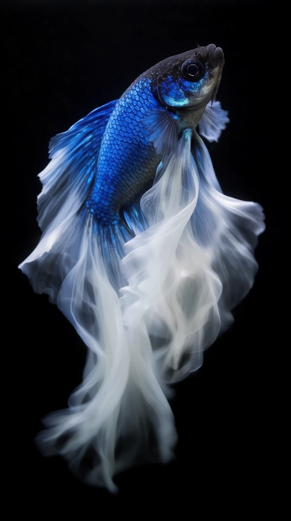 A vibrant blue and white fish with flowing, ethereal fins floats against a pure black background. The creature features a dark, textured head that transitions into brilliant iridescent cobalt blue scales along its curved upper body. Cascading dramatically beneath it, the fins are a voluminous, translucent white, billowing and twisting downwards like plumes of sheer silk. Shot with macro photography techniques, the high-contrast lighting isolates the subject, emphasizing the crisp details of the scales against the soft, wispy motion blur of the elongated lower fins hanging in the dark void.
