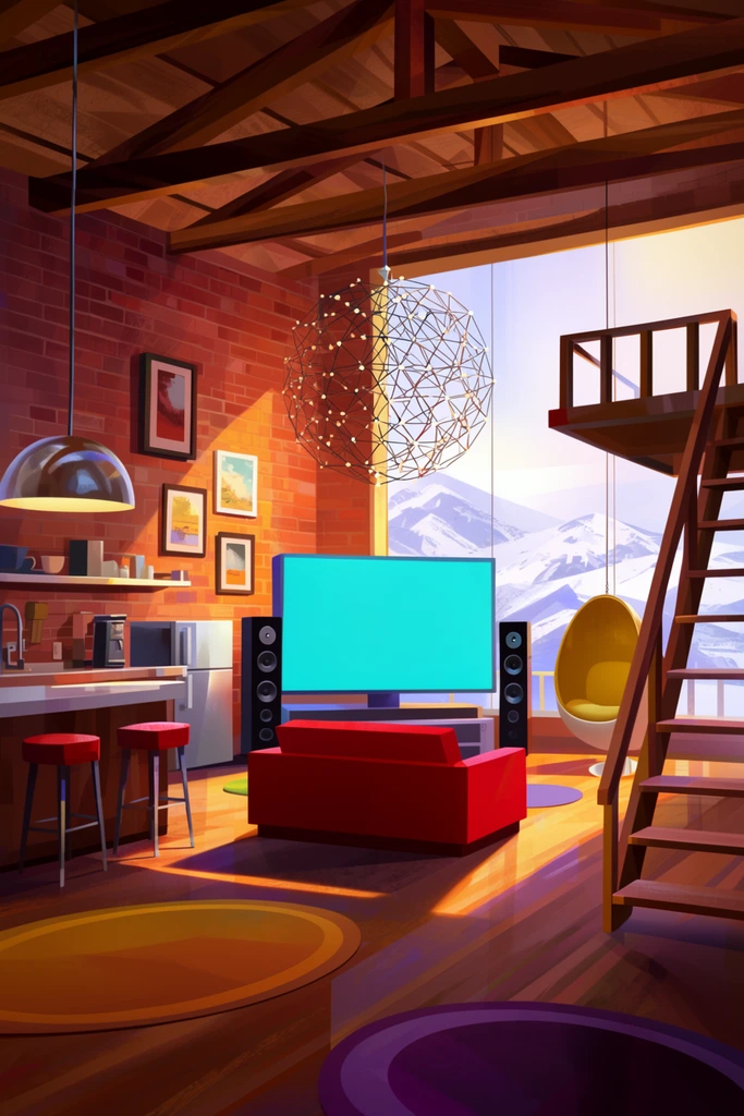 A stylized open-concept loft interior bathed in warm golden hour sunlight streaming through a massive window overlooking snowy mountains. Exposed wooden ceiling beams, red brick walls, and hardwood floors with colorful circular rugs frame the space. A bright cyan screen dominates the center, flanked by black tower speakers and a blocky red sofa, sitting beneath a complex spherical wireframe chandelier. To the left, a kitchen area features a bar counter with red stools, silver appliances, and a large metallic dome pendant light. Framed artwork decorates the brick wall. On the right, wooden stairs ascend to a small loft, while a yellow egg-shaped chair hangs near the window. Deep orange and violet shadows stretch across the room, emphasizing a high-contrast, painterly aesthetic with sharp geometric forms.