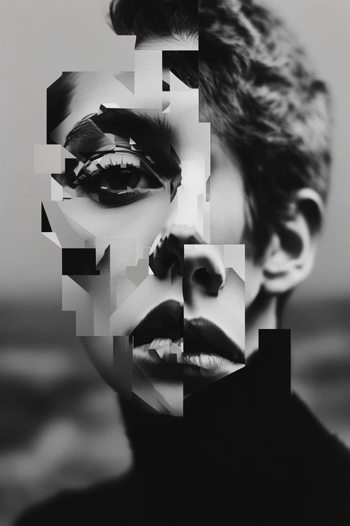 Fragmented Monochromatic Surrealism style AI image example 2