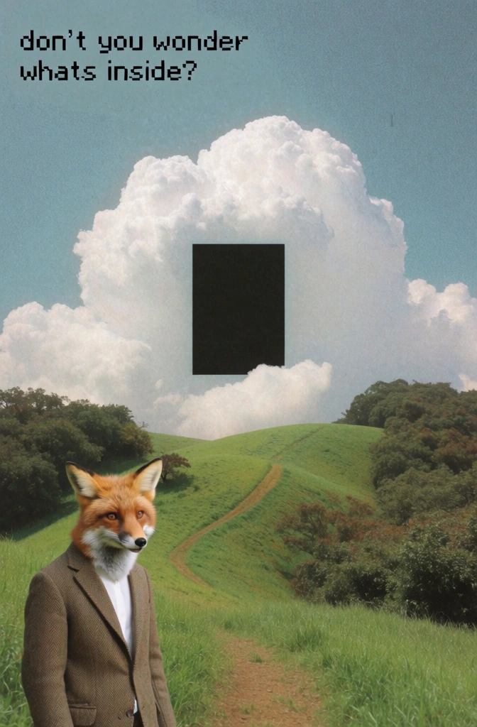 low resolution dreamcore aesthetic, grainy digital noise, weirdcore nostalgia, anthropomorphic fox standing on a lush rolling green hill wearing a tailored brown herringbone tweed blazer, a winding dirt path leading toward the center, a massive white cumulus cloud in the background containing a solid black rectangular void, desaturated blue sky, soft flat lighting, pixelated sans-serif text in top left corner reading "don't you wonder whats inside?", surreal uncanny dream-like atmosphere.