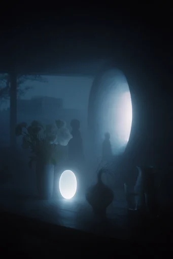 Luminous Liminal Monoliths style reference image — glowing geometric portal