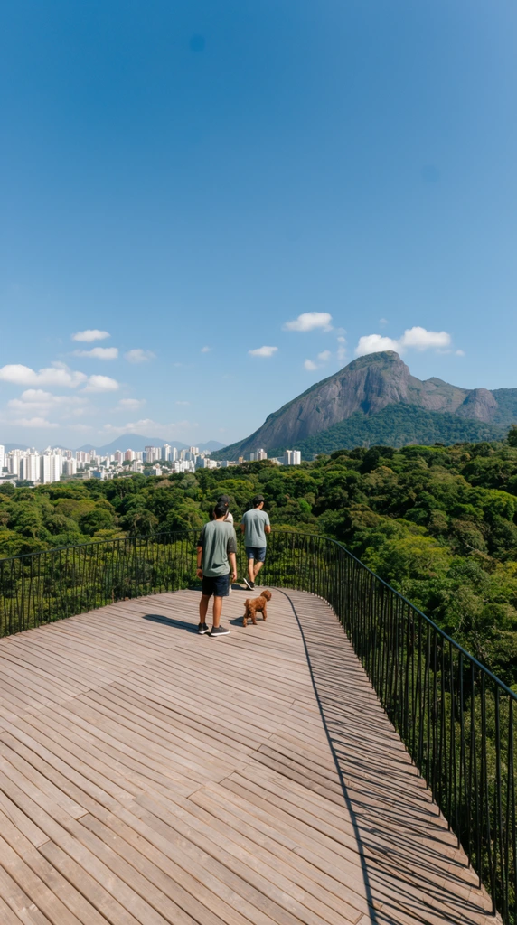 Wide-angle shot, curved wooden observation deck with thin black metal railings, two people standing near the edge looking at the landscape, one person walking a small brown dog, expansive view of dense green forest canopy, distant white city high-rises, large rocky mountain peak, bright sunny daytime, clear blue sky, sparse white clouds, sharp focus