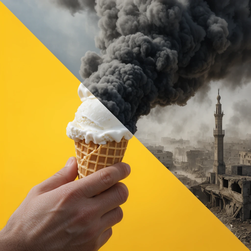 Surreal diagonal split composition, hand holding waffle cone with white ice cream against bright yellow background, ice cream seamlessly transitioning into massive dark grey smoke plume, dusty war-torn cityscape with minaret, photorealistic conceptual juxtaposition