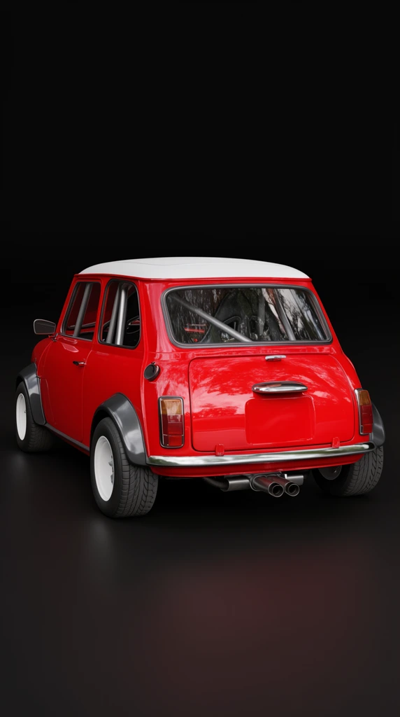 A classic compact two-door hatchback in glossy bright red with a white roof is viewed from a rear three-quarter angle against a solid black background. The vintage car features pronounced black flared wheel arches, thick tires on white rims, a visible interior metal roll cage, a sleek chrome rear bumper, and a central dual exhaust system. Crisp studio lighting highlights the rounded bodywork and casts subtle environmental tree reflections across the rear window glass.
