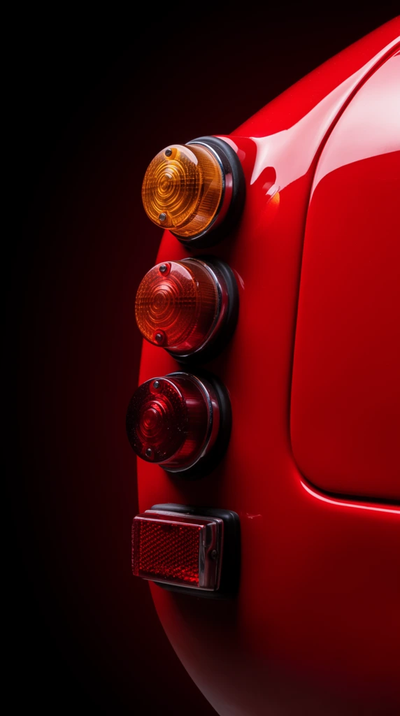 glossy red sports car rear panel close-up, three vertically stacked tail lights on curved bodywork, round amber lens with chrome bezel, round red lens, rectangular red reflector, dramatic studio lighting, pure black background, minimalist automotive macro photography, deep shadows, high contrast, rich saturated colors