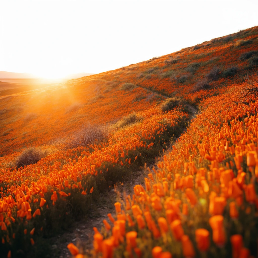 vast rolling hillside blanketed in vibrant orange poppies, narrow dirt trail cutting diagonally across the floral slope, scattered dry brush, golden hour lighting, intense sun flare on the distant left horizon, warm glowing sunlight illuminating the dense flower field, overexposed bright white sky, shallow depth of field blurring the extreme foreground, rich color saturation, cinematic landscape photography