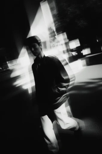Monochrome Glitch Noir style reference image — high-contrast black and white