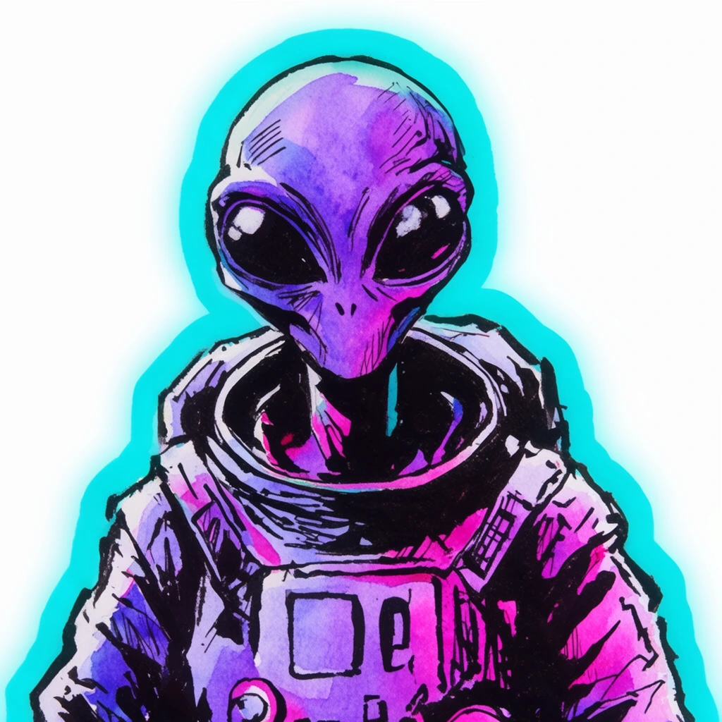 A central alien figure with large, prominent eyes wearing a detailed spacesuit is rendered as a stylized spot illustration framed by a thick, luminous neon cyan contour line against a stark white background. The alien and the spacesuit are constructed with bold, jagged black ink outlines, expressive cross-hatching, and dense pools of pure black shadow. Washes of vivid, watercolor-like textures fill the character's form, heavily accented with striking, high-contrast shading in brilliant tones of neon purple and magenta. The aesthetic merges rough, hand-drawn comic book inking with fluid marker painting techniques, creating a sharp graphic separation between the highly textured, vividly colored figure and the pure white canvas surrounding the bright cyan halo.