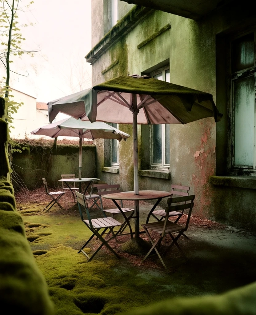 high-angle cinematic shot of three tattered canvas patio umbrellas shading empty rusted bistro tables and chairs, environment heavily reclaimed by thick chartreuse moss and wild encroaching foliage, a weathered concrete building facade with grime-streaked window panes in the background, lit by diffused cool natural daylight, gritty high-signal textures of peeling paint and damp stone, desaturated color grade of moss green and oxidized browns, eerie abandoned urbex aesthetic, film grain.