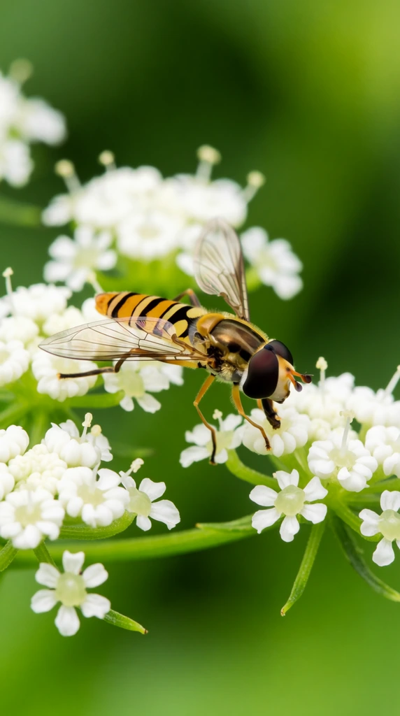 yellow and black striped hoverfly resting on a cluster of tiny white flowers, large dark compound eyes, translucent wings with intricate veining, thin black legs gripping delicate five-petaled blooms, flowers grouped on bright green stems, macro photography, extremely shallow depth of field, sharp focus on the insect, smooth out-of-focus lush green background, soft natural lighting, vibrant color palette of bright yellow, crisp white, and vivid green