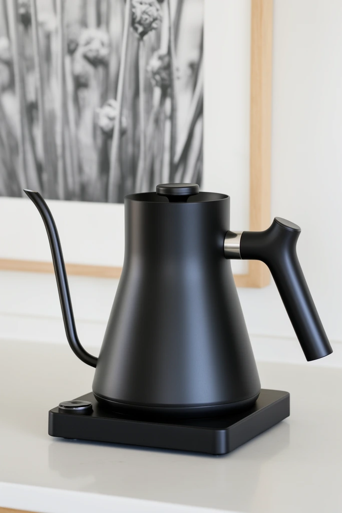 A matte black electric gooseneck kettle resting on a smooth white countertop. The minimalist appliance features a gently tapered bell-shaped body, a flat lid with a low-profile knob, and a slender, curving spout. A thick, cylindrical handle angles downward, connected to the main body by a polished silver metallic ring. The kettle sits on a matching square base equipped with a small circular dial. In the softly blurred background, a light wood-framed black-and-white photograph depicting vertical botanical forms hangs against a crisp white wall. Soft, diffused natural daylight highlights the velvety finish of the dark metal, creating a clean, contemporary product photography aesthetic.