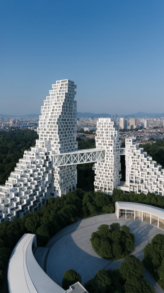 Aerial view of a massive white architectural complex featuring stepped, pixelated facades and a prominent truss skybridge connecting two geometric high-rise towers. Dense green tree canopies surround the terraced buildings, contrasting with a sweeping curved-roof structure and a wide paved plaza in the foreground. A sprawling cityscape stretches toward distant mountains under a clear, bright blue sky. Natural daylight casts soft shadows, highlighting the grid-like balconies and staggered forms in this crisp, wide-angle architectural photograph.