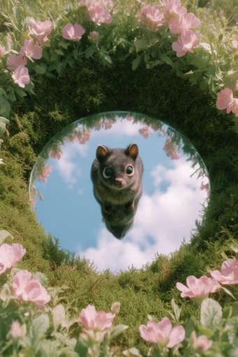 Ethereal Pastoral Surrealism style reference image — reflective mirror portal