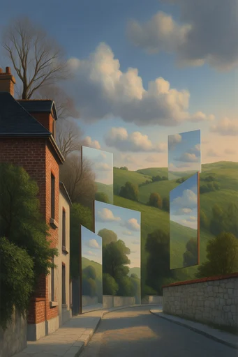 Oneiric Geometric Surrealism style reference image — absurdist composition
