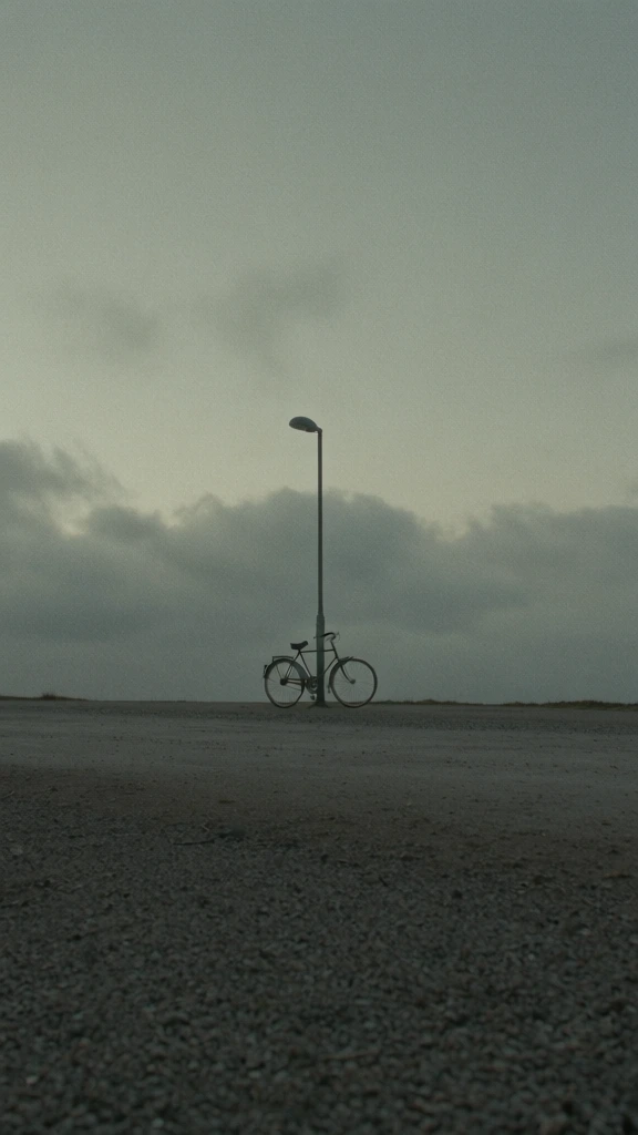 cinematic still, wide centered composition, a lone vintage bicycle leaning against a minimalist street lamp, set on a flat desolate ground under a vast overcast sky with dense low-hanging clouds, muted desaturated palette of sage and charcoal greys, flat diffused northern light, soft shadows, heavy 35mm film grain, underexposed exposure profile, melancholic atmosphere, high-frequency textural detail in the gravel, quiet minimalist aesthetic.