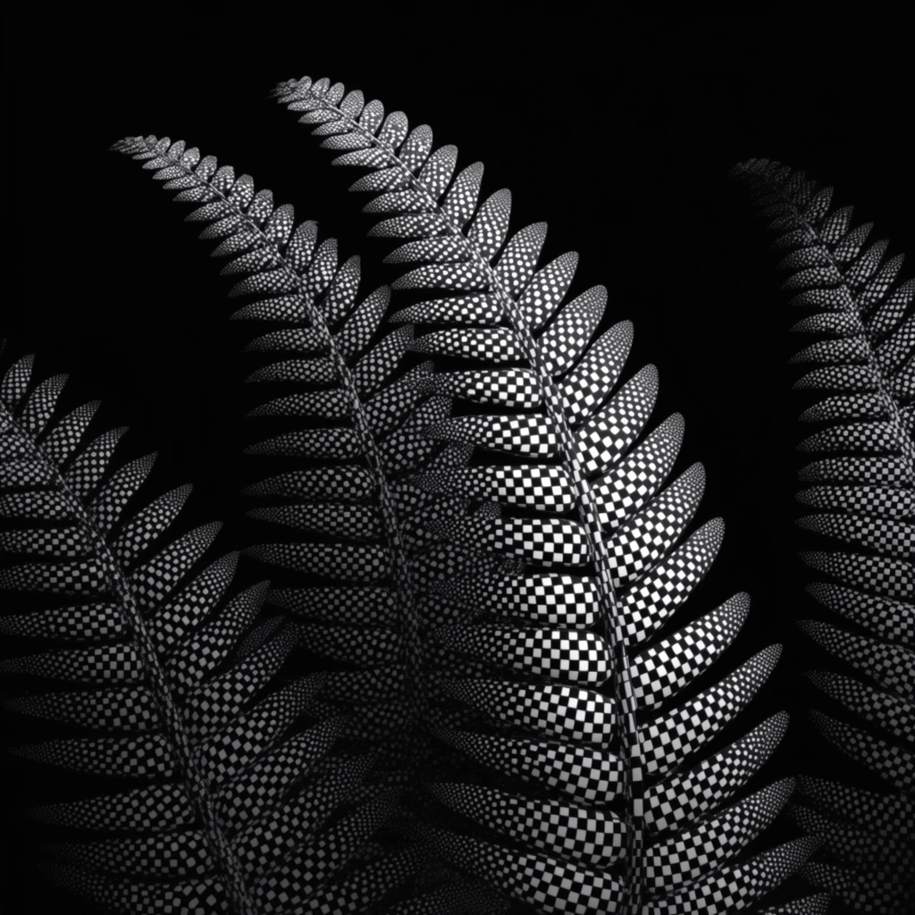 Several fern fronds with many small leaflets branching upwards emerge from a pure black void, rendered entirely through a monochromatic, high-contrast optical art halftone technique. The structural volume of the curved central stems and repeating rows of pointed leaflets is defined exclusively by a surface-conforming grid of stark white geometric squares and dots. Larger, densely packed white quadrilaterals contour along the upper surfaces of the fronds to simulate brilliant, volumetric highlights on the organic curves. As the foliage curves away from the implied light source, the white squares progressively scale down in size and decrease in density. This procedural stippling effect creates deep, smooth gradients of shadow, causing the undersides of the leaflets and the lower sections of the stems to dissolve directly into the pitch-black background. The composition relies solely on pure white and pure black, utilizing this dynamic, mesh-like patterned texture to forge a pronounced three-dimensional illusion of overlapping organic forms suspended in empty space.