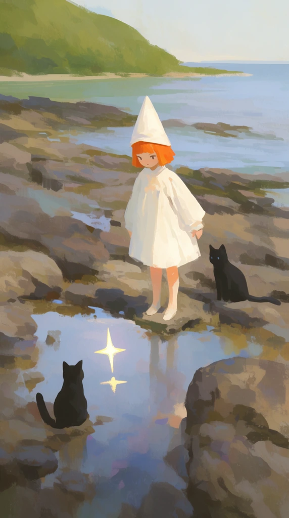 A young girl with orange hair in a white dress and pointed hat stands on a rocky shore with two black cats. They gaze at a glowing four-pointed star reflecting in a shallow puddle. The digital painting features impressionistic brushstrokes, blending muted earthy rocks with soft blue water. A calm sea and green hill fill the background under soft, natural lighting.