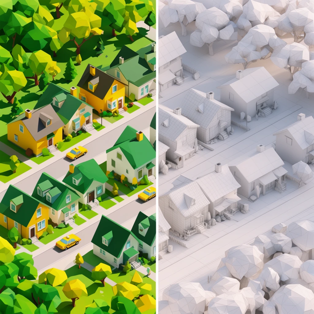 Split-screen isometric 3D suburban neighborhood, vibrant low-poly render on left, yellow and green houses, angular trees, bright grass, yellow taxi, sharp shadows, white clay wireframe render on right, visible faceted polygon mesh, structural topology, soft ambient occlusion, geometric aesthetic