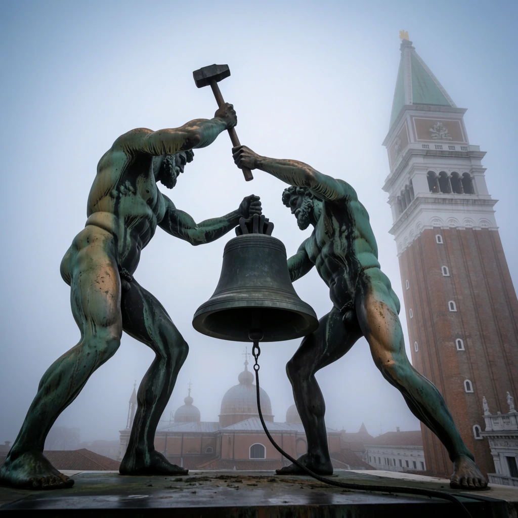 Two weathered bronze statues of muscular men strike a large rooftop bell with a hammer. Shot from a dramatic low angle, the verdigris figures dominate the foreground. A dense fog obscures the background, revealing soft silhouettes of domed basilica roofs and a towering brick campanile with a green spire under a muted, overcast sky.