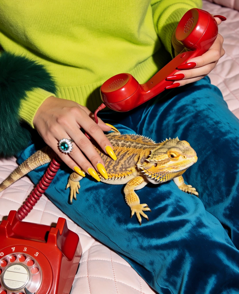 A high-angle, close-up photograph features a textured tan and yellow bearded dragon resting across a person's lap, which is covered in teal blue velvet fabric. The person's right hand, adorned with long yellow-pointed fingernails and a large silver ring featuring a central teal gemstone surrounded by a halo of small diamonds, is placed near the lizard's back. Their left hand, with long red-pointed fingernails, holds a glossy, bright red vintage telephone receiver poised above the reptile. In the lower-left corner, the corresponding red rotary phone base is visible, connected to the receiver by a coiled red cord. The person is dressed in a vibrant lime green sweater, with a dark green faux fur accessory visible on the left side. The background consists of a soft, pale pink quilted surface, likely a bedspread or upholstery. The lighting is sharp and direct, creating high contrast and saturating the bold color palette of primary and secondary colors. The composition focuses on the juxtaposition of the lizard’s rough scales against the smooth surfaces of the plastic telephone, the plushness of the velvet, and the manicured hands, creating a kitschy, editorial aesthetic.
