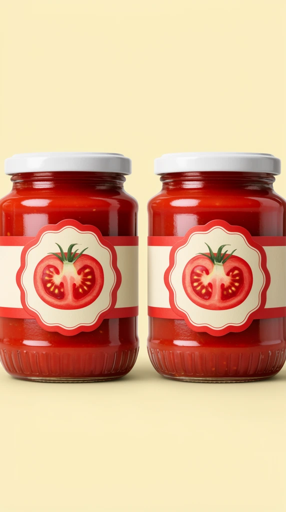 two identical glass jars filled with vibrant red sauce, side-by-side on a seamless pale yellow background, flat white lids, wrapped cream and red paper labels featuring a decorative scalloped central badge with an illustration of a sliced tomato, glossy studio lighting reflections on curved glass, ribbed base texture, minimalist product photography, soft drop shadows