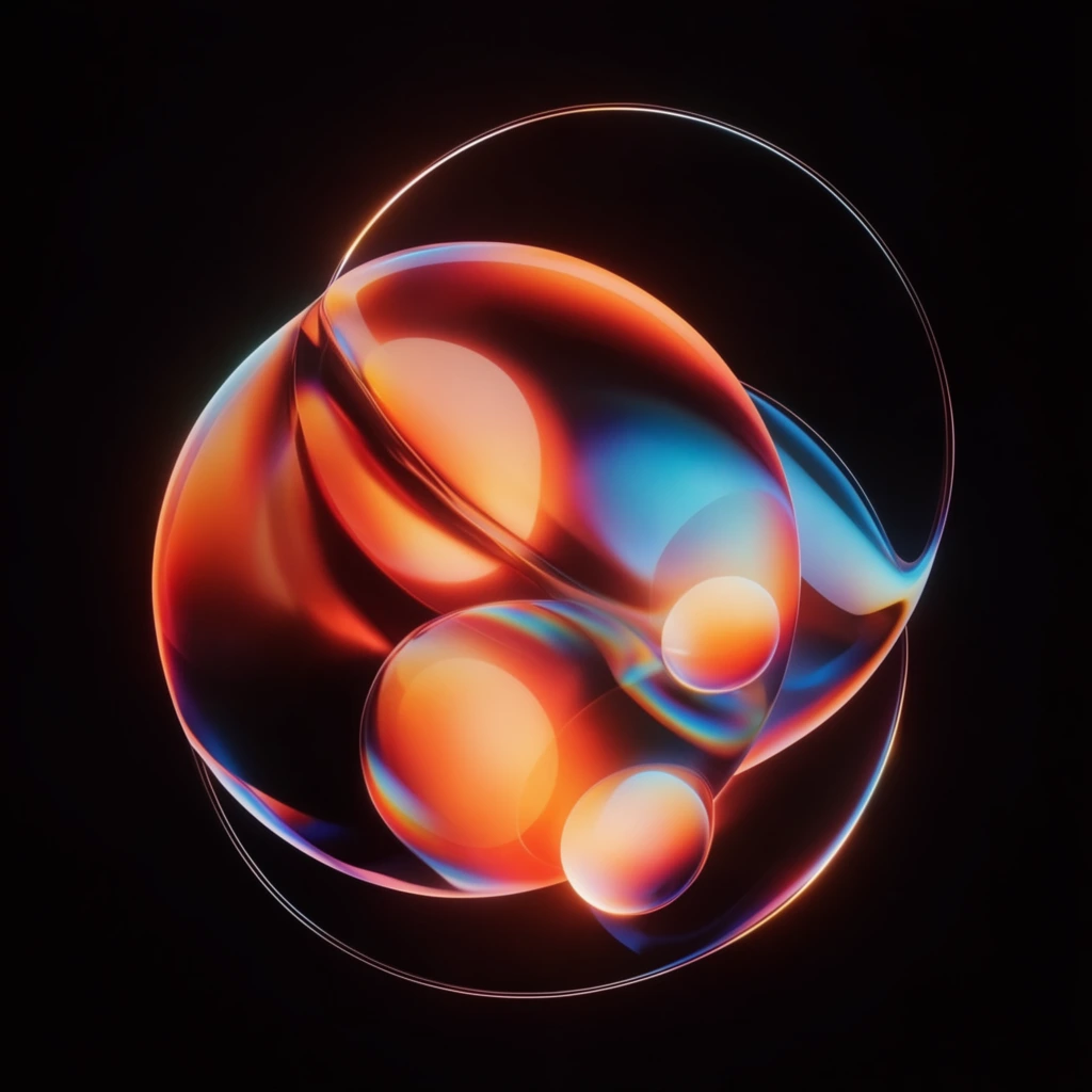 A luminous abstract 3D glass sculpture floats in a pitch-black void, formed by intersecting translucent spheres and fluid curves. The glossy material refracts vibrant iridescent gradients of fiery orange, warm red, and electric cyan. Thin, glowing circular contour lines delicately frame the central mass, highlighting internal glowing orbs and sharp rim lighting that produce striking chromatic dispersion in this high-contrast digital render.