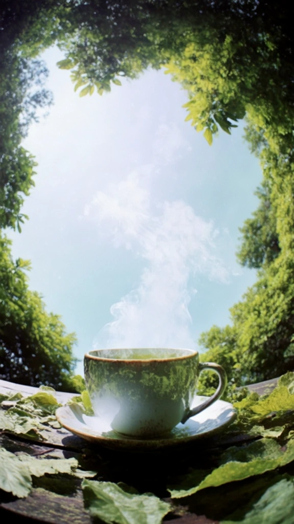low-angle heroic perspective looking up from a table, high-key diffused natural daylight, overexposed blown-out highlights, soft ethereal bloom, pale cerulean sky background, desaturated lime green palette, minimalist white ceramic cup of steaming liquid on a saucer, scattered organic leaves on weathered wood, wispy diaphanous steam, dense foliage framing the edges in a circular vignette, soft focus, subtle filmic grain, airy atmosphere, crisp high-signal photographic quality