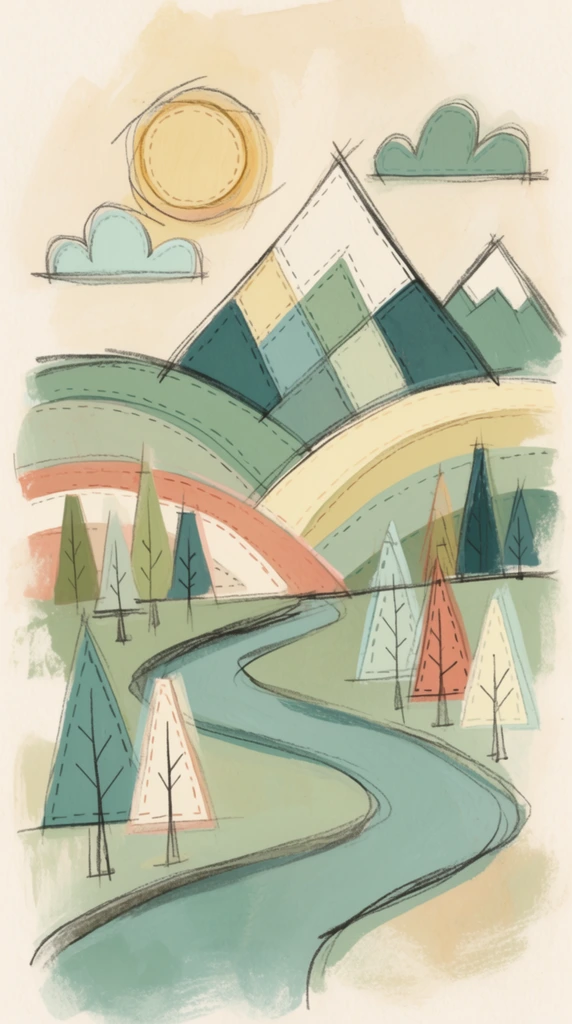 A stylized mid-century modern gouache and pencil illustration of a textile-crafted landscape featuring a round fabric sun, scalloped plush clouds, geometric quilted mountains, rolling layered-fabric hills, a winding ribbon-like river, and numerous stylized stitched trees. The fabricated landscape elements are defined by loose, expressive, overlapping dark charcoal sketch lines that deliberately overshoot their intersections and loosely enclose the simplified forms. Flat, chalky gouache washes fill the stylized shapes, appearing slightly offset from the rough linework in a muted, desaturated pastel color palette dominated by seafoam green, dusty teal, warm cream, pale yellow, and faded terracotta. The rolling hills and sharply triangular mountain peaks are constructed from sweeping and angular color blocks mimicking stitched patchwork layers, while the trees are depicted as geometric swatches resting on thin, hastily sketched trunks. The winding river forms a continuous, flat wash of muted teal sweeping across the foreground. Rough dry-brush textures and painterly, hazy color smudges frame the edges of the composition, fading softly into a warm cream, lightly textured paper background to establish a flat, two-dimensional graphic rendering aesthetic.