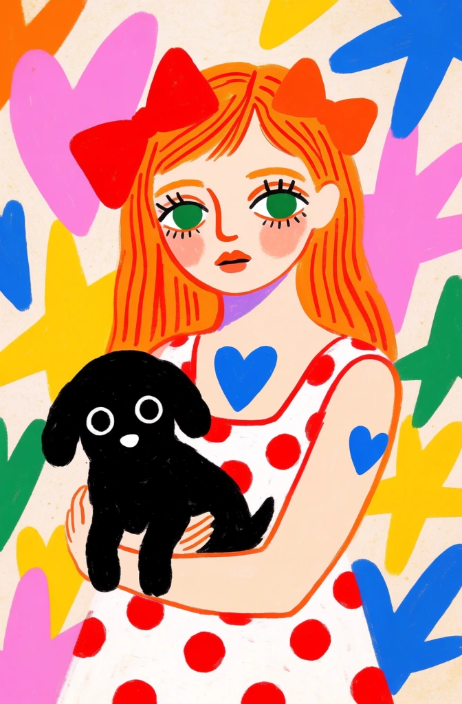 girl holding black puppy, colorful naive portrait, textured digital illustration, playful whimsical vibe