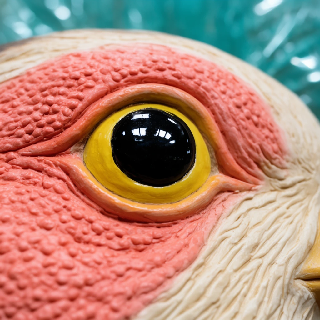 Extreme macro photography of a sculpted bird eye with a glossy yellow iris and solid black pupil reflecting overhead lights. The eye is embedded in a deeply textured, bumpy salmon-pink surface that transitions into wrinkled cream grooves. A shallow depth of field blurs a reflective teal background, highlighting the tactile, molded artificial material.