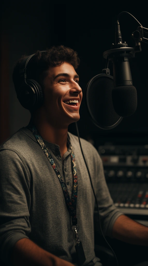 young man smiling enthusiastically into a studio microphone, wearing black headphones and a grey henley shirt, patterned lanyard, broadcast mic with round pop filter on a boom arm, dark recording studio background, blurred audio equipment, cinematic low-key lighting