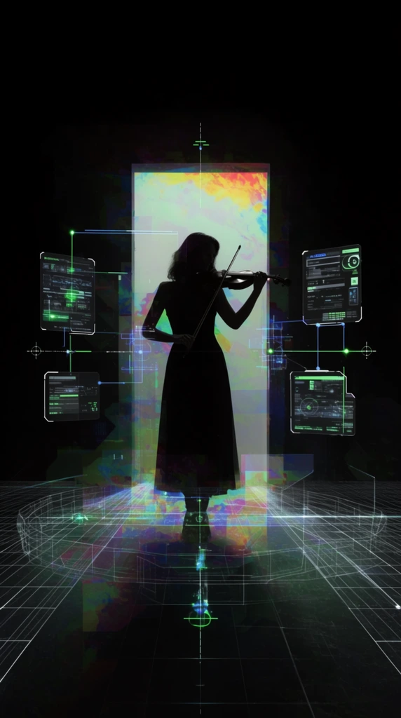 A dark silhouette of a woman playing a violin stands before a glowing rectangular doorway in a pitch-black void. The scene is heavily overlaid with a futuristic augmented reality interface, featuring luminous wireframe grids extending across the ground plane. Floating holographic data panels, thin connecting geometric lines, and glowing technical crosshairs surround the figure. The composition utilizes a stark, high-contrast digital cyberpunk aesthetic with semi-transparent glitch effects, abstract thermal color mapping overlays, and bright neon green and blue technical readouts illuminating the surrounding blackness.