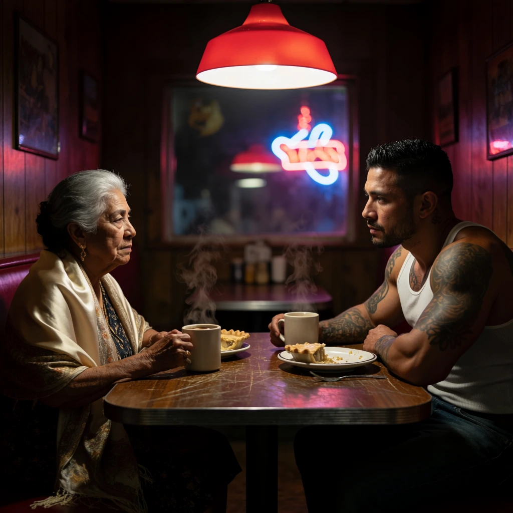 elderly Hispanic woman draped in an elegant silk shawl and a muscular tattooed man wearing a white tank top sitting across from each other in a dark diner booth, steaming coffee mugs and plates of half-eaten pie on a scratched wooden table, illuminated by a vivid red overhead pendant lamp, dark wood-paneled walls, blurred glowing neon shapes shining through a window in the background, cinematic low-key lighting, moody atmospheric shadows, intimate medium shot