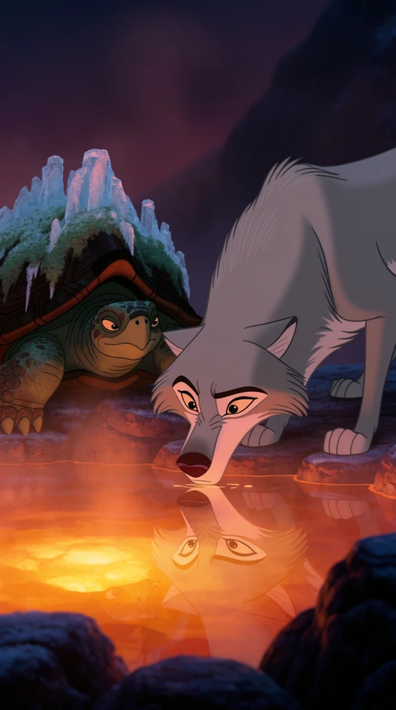 A silver wolf gazes into a glowing amber thermal pool, its face sharply mirrored on the bright surface. An ancient moss-covered turtle rests beside it among jagged frost formations. Rendered in 2D animation with deep twilight purples, fiery orange lighting, and dramatic cinematic shading.